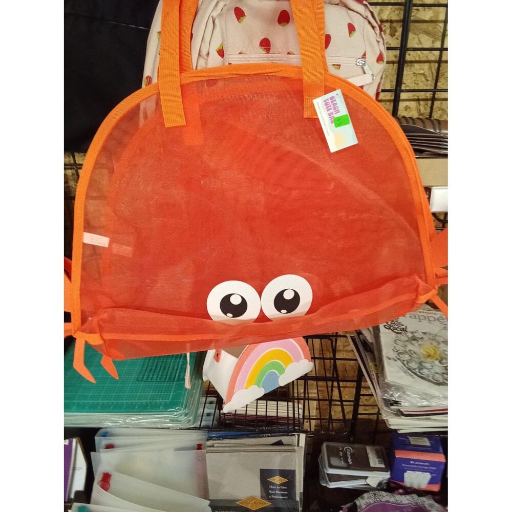 Orange Mesh Beach Tote Bag with Cute Crab Design - Free Shipping!